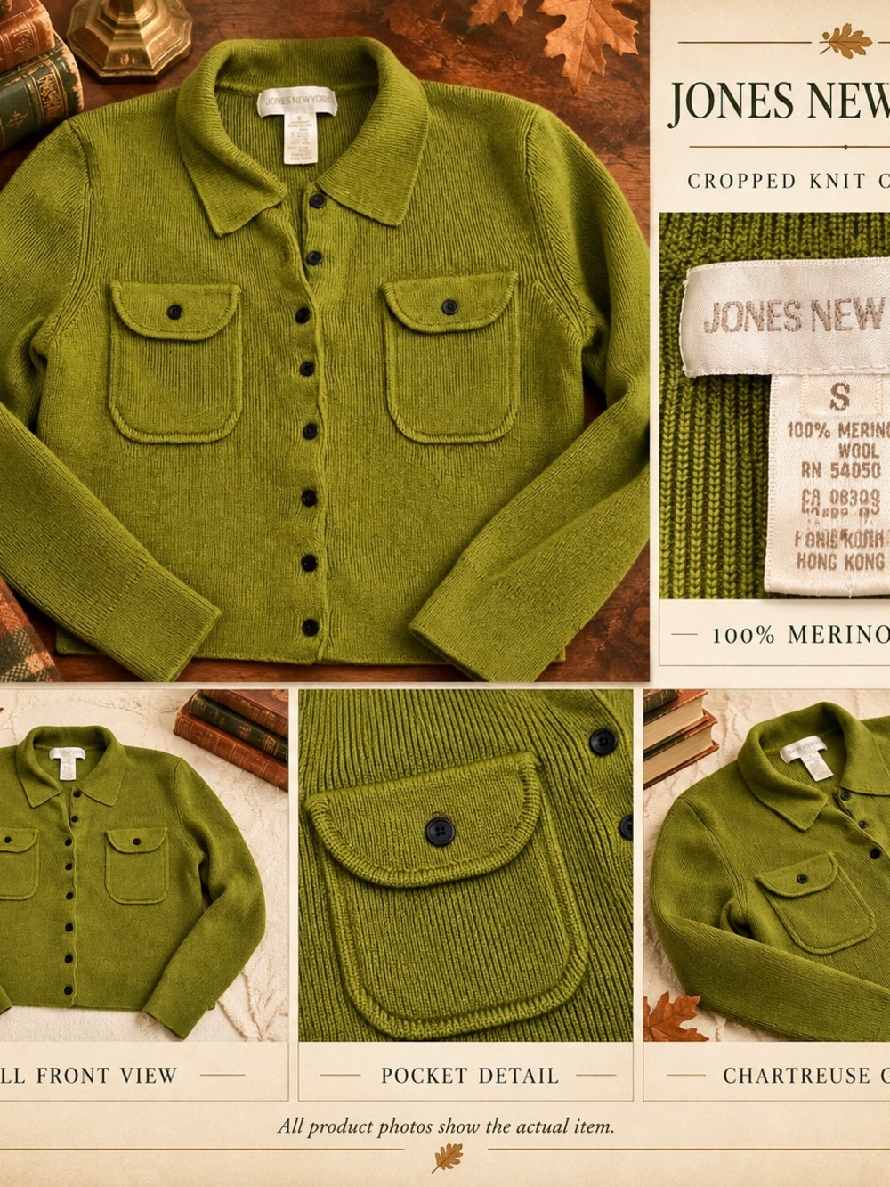 VTG Jones New York Merino Wool Cropped Knit Chartreuse Green Preppy Sweater S